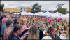 Photo of a parade with drummers in florescent  pinks, greens and oranges, marching down a street in front of tents.