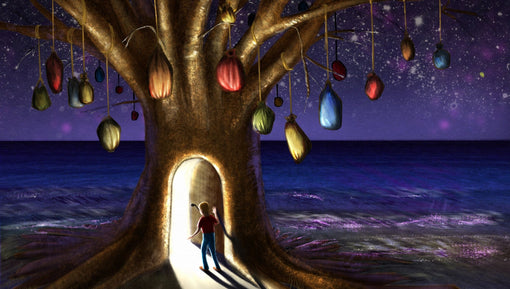 A predominantly blue and purple illustration of a young boy entering a door in a tree trunk, from which spills a bright light, with colorful bags dangling from branches above.