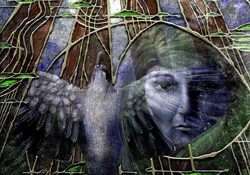 Cropped artwork depicting a stylized forest scene with a blue and black flying bird and the semi-opaque visage of a woman.