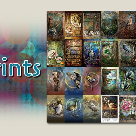 Collage image of several different prints, aligned in rows and columns against a graphic background with the word "Prints" on the left.