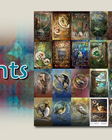 Collage image of several different prints, aligned in rows and columns against a graphic background with the word "Prints" on the left.