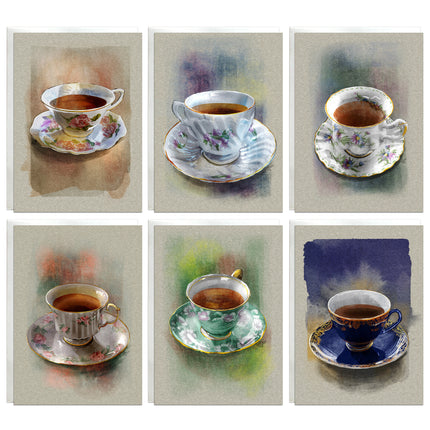 Set of six watercolor paintings of tea cups on saucers with different backgrounds