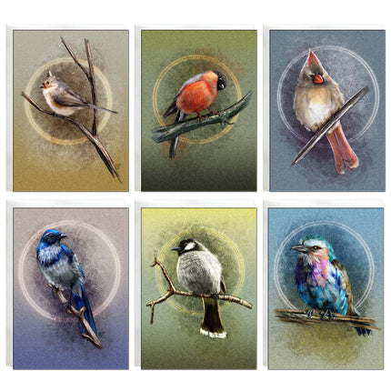 Set of six cards with illustrated birds on branches against a white background