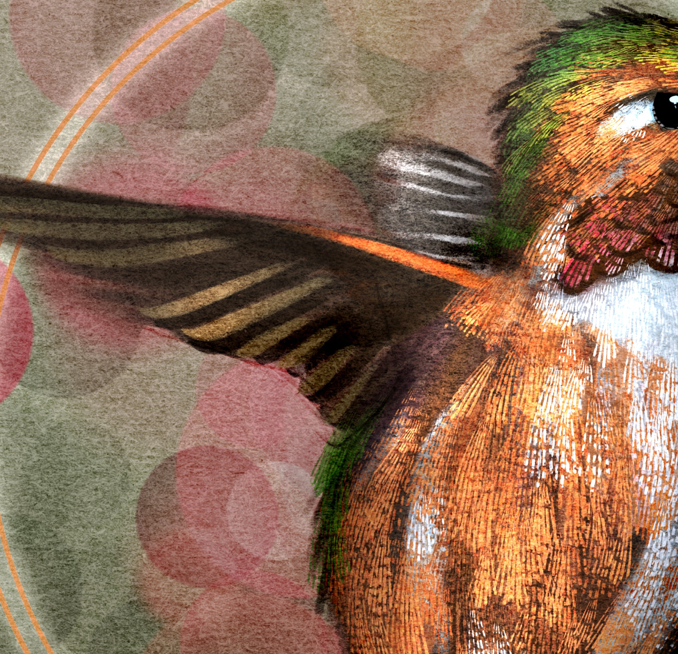Close-up of a colorful hummingbird illustration or print, showing detailed feathers in brown, green, orange, and white against a soft abstract floral background.