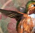 Close-up of a colorful hummingbird illustration or print, showing detailed feathers in brown, green, orange, and white against a soft abstract floral background.