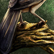 Close-up of a bird perched on a branch with detailed feathers and texture.