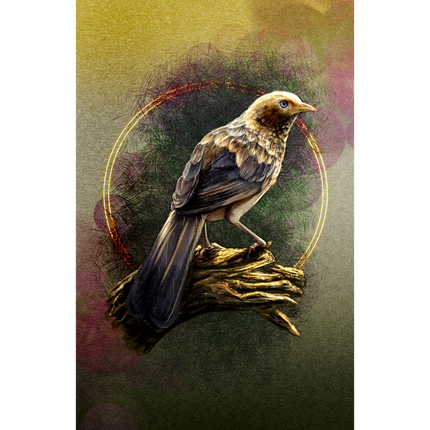 Illustration of a bird perched on a branch with a colorful circular background