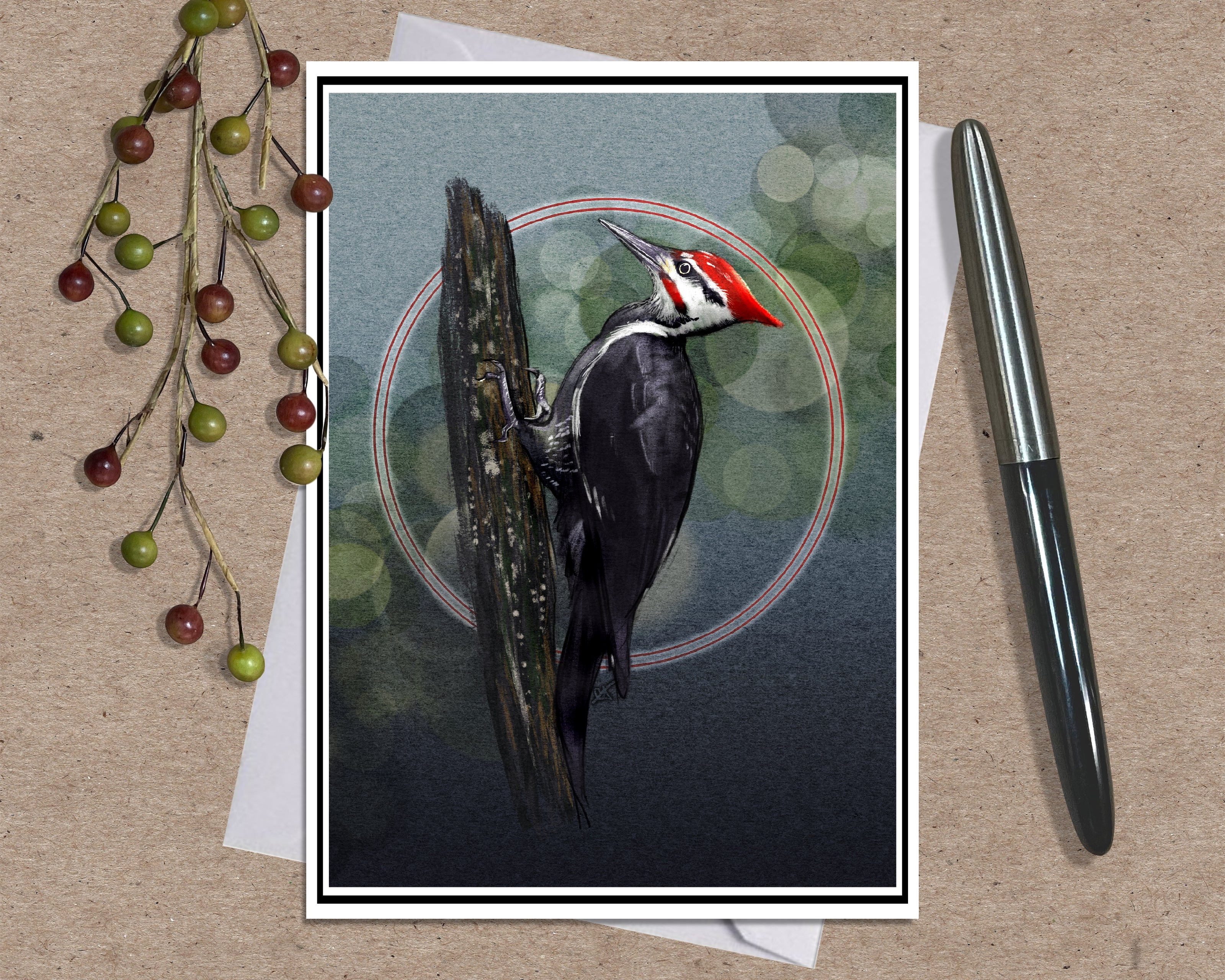 A square art print featuring a detailed illustration of a black and white woodpecker with a red crest, perched on a tree trunk against a dark background with a red circular motif. The print is styled on a kraft paper background with a silver pen on the right and decorative red and green berries on the left.