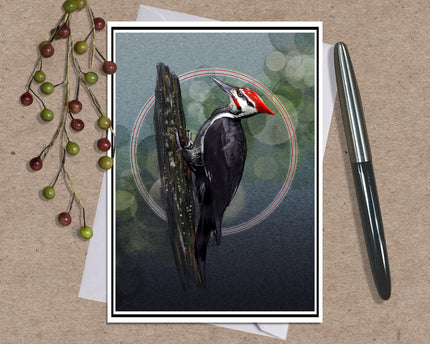 A square art print featuring a detailed illustration of a black and white woodpecker with a red crest, perched on a tree trunk against a dark background with a red circular motif. The print is styled on a kraft paper background with a silver pen on the right and decorative red and green berries on the left.