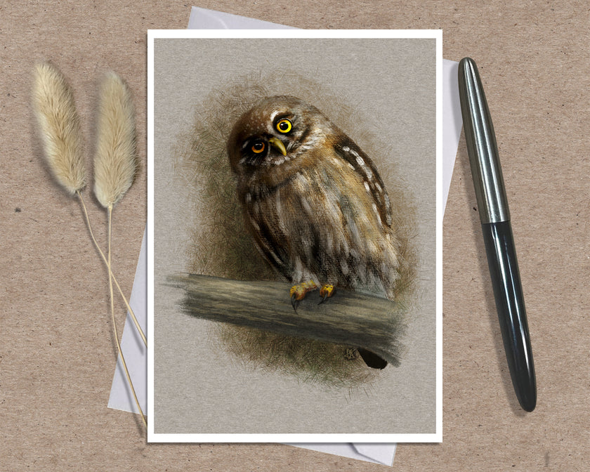 A square art print featuring a detailed illustration of a brown owl perched on a branch, displayed on a textured brown surface with a black pen and dried grass stems as props.