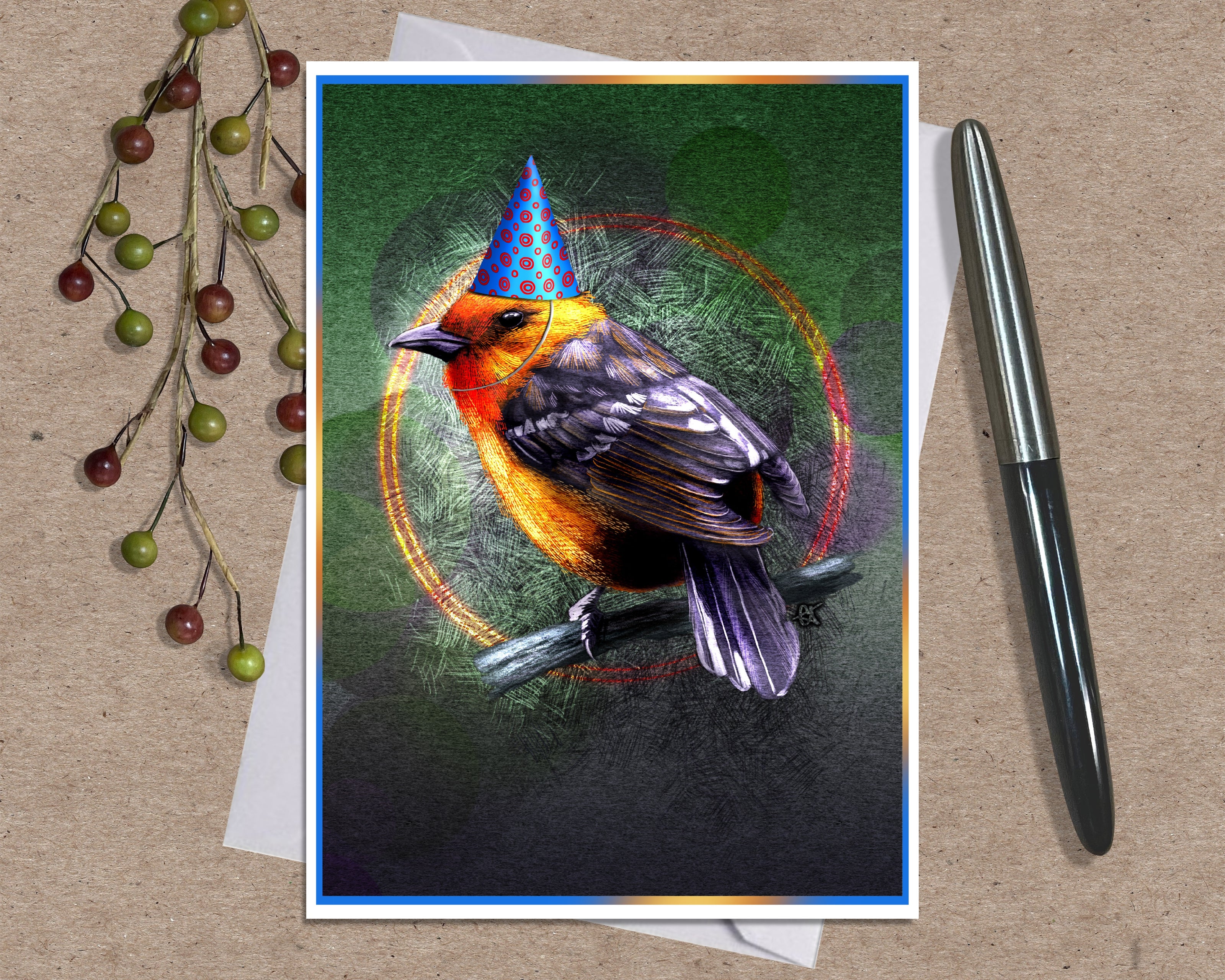 Photo of a greeting card posed with berries and an ink pen. The card features a flame-colored tanager in a blue conical party hat against a green and purple background.