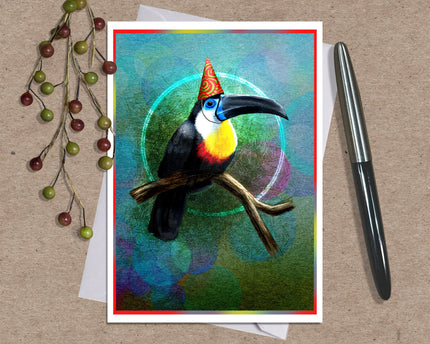 A square art print featuring a colorful painted toucan perched on a branch, styled on a kraft paper background with a silver pen and decorative berries.
