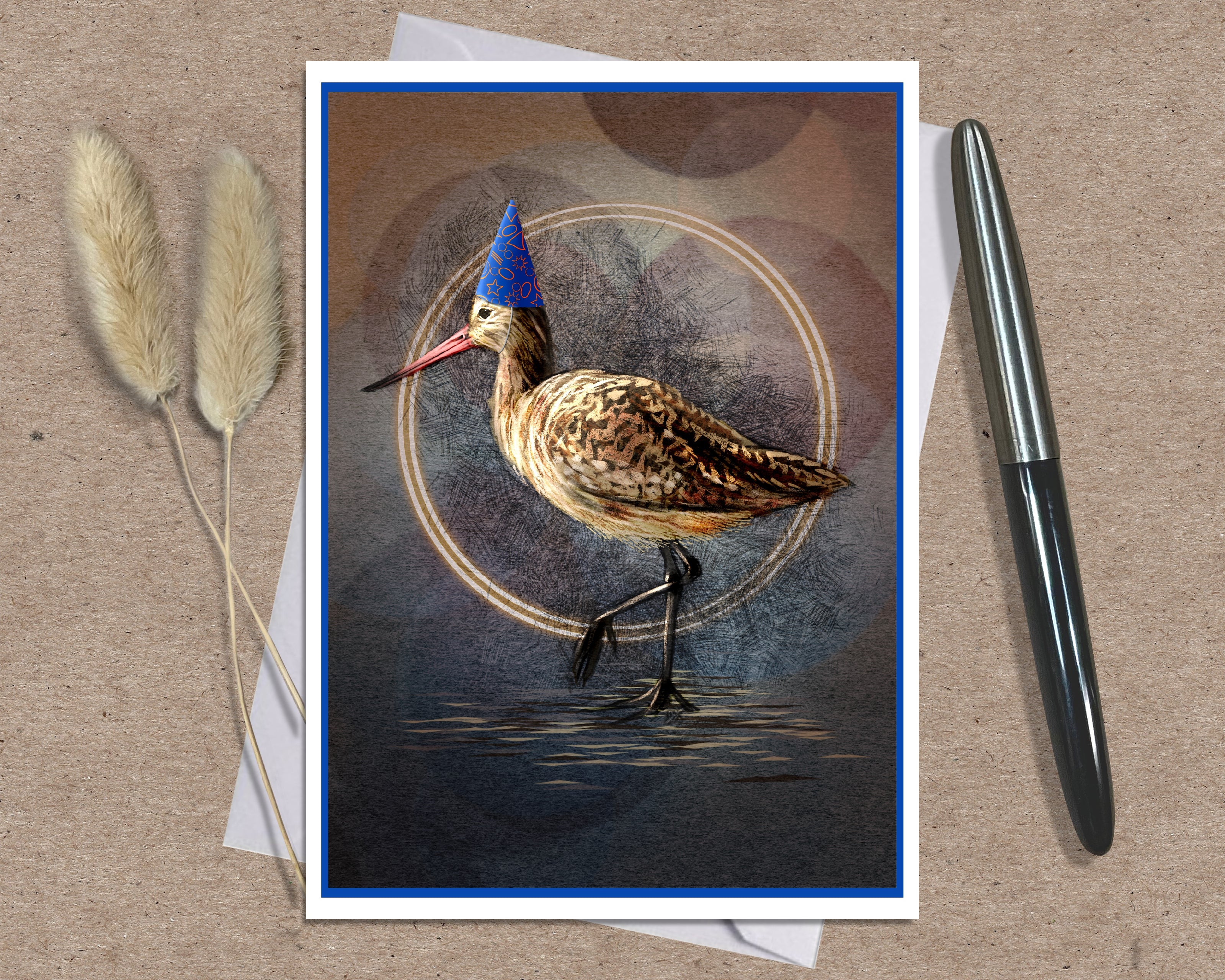 Product photo of a greeting card featuring a Marbled Godwit in a blue conical party hat. Beside the card are two atmosphere props--a spring of grasses and an ink pen.