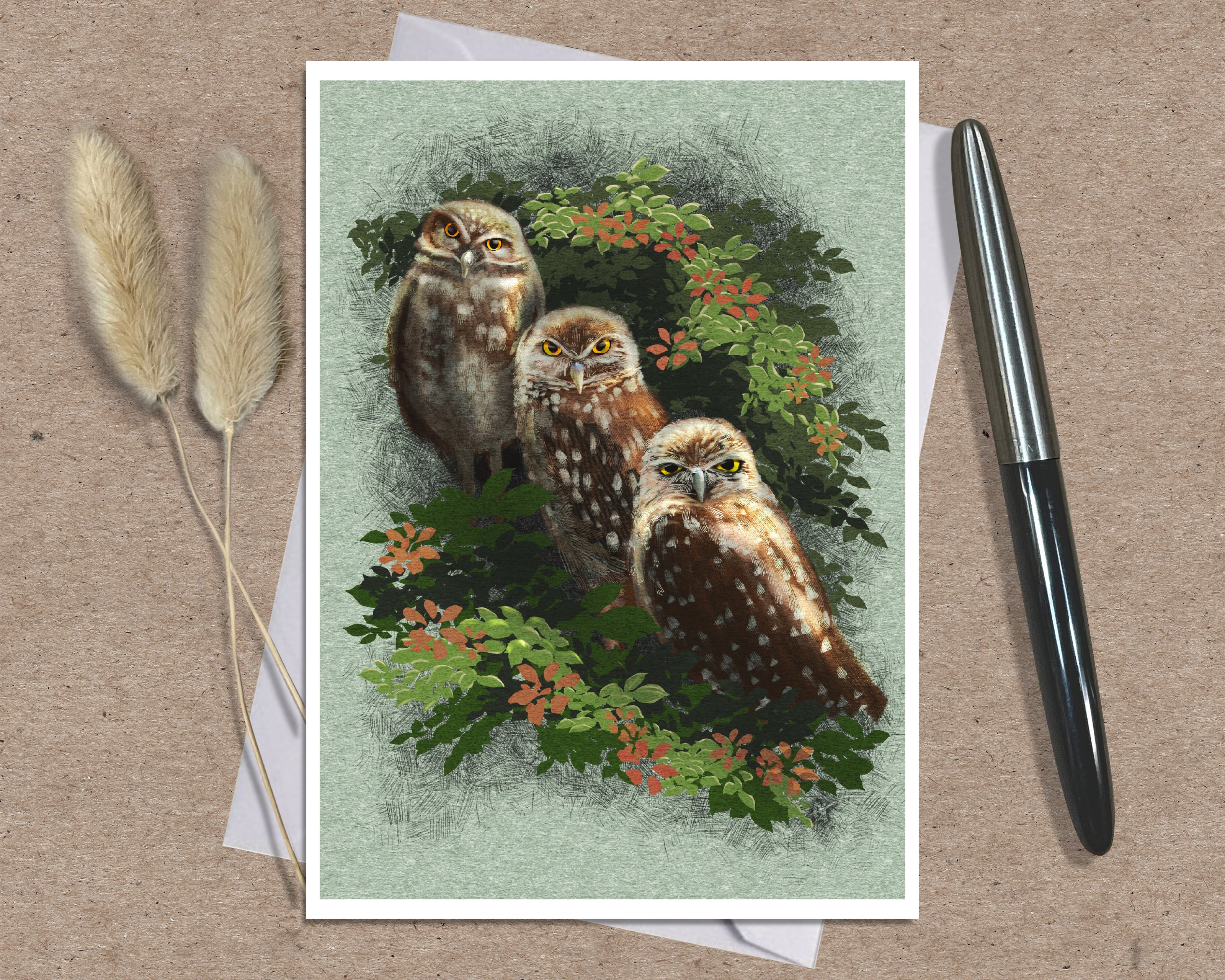 A square art print featuring three owls among green leaves and small orange flowers, styled on a kraft paper background with a white envelope, dried grass stems, and a black pen.