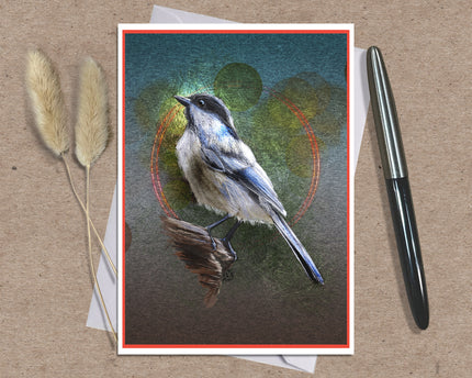 A square art print featuring a detailed bluebird perched on a branch, displayed on a kraft paper background with a black pen and dried bunny tail grass as props.