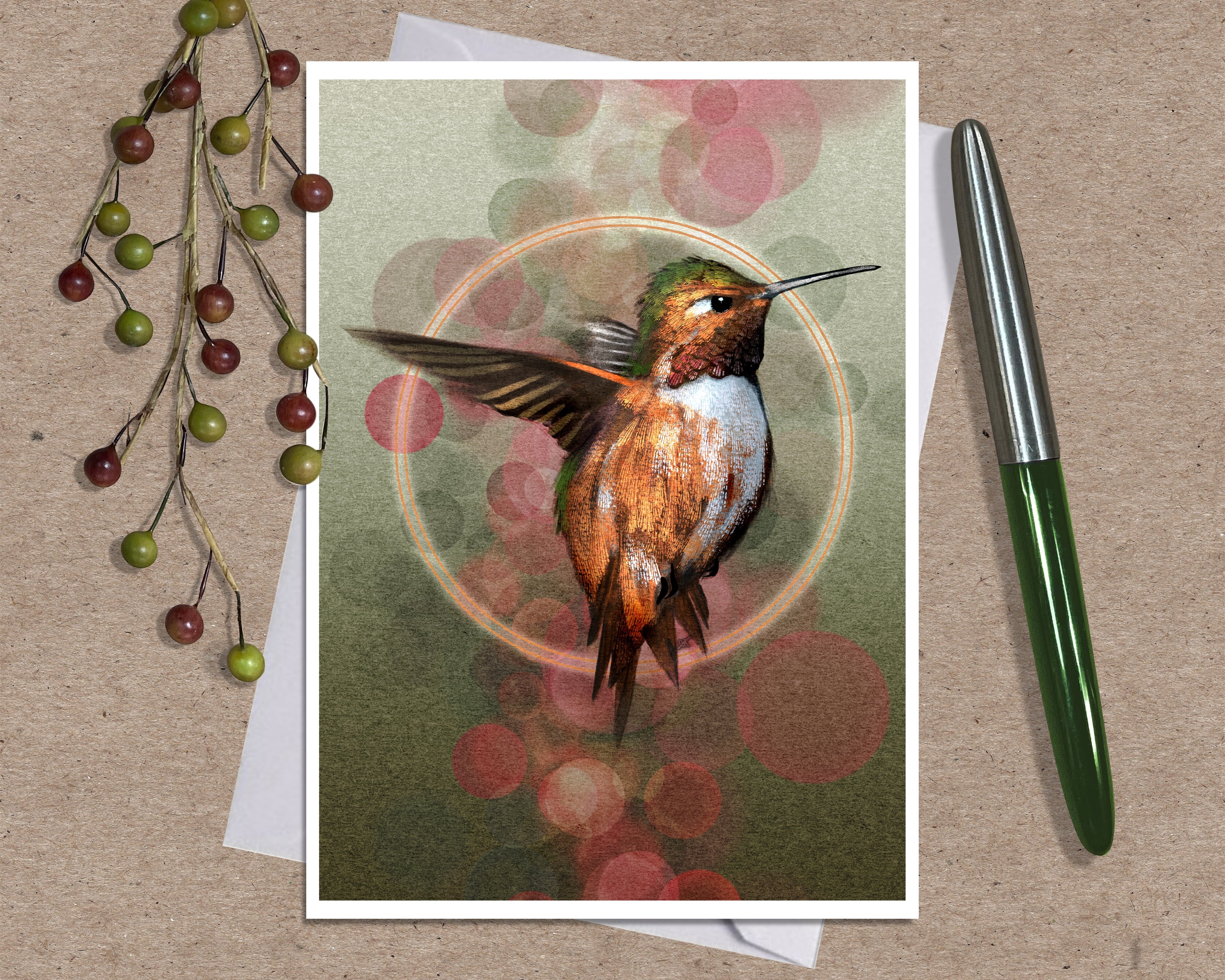 An art print greeting card featuring a detailed hummingbird illustration with a green, white, and orange body, set against a soft-focus bokeh background. The print is styled on a textured kraft paper background alongside a green and silver pen and decorative berry branches.