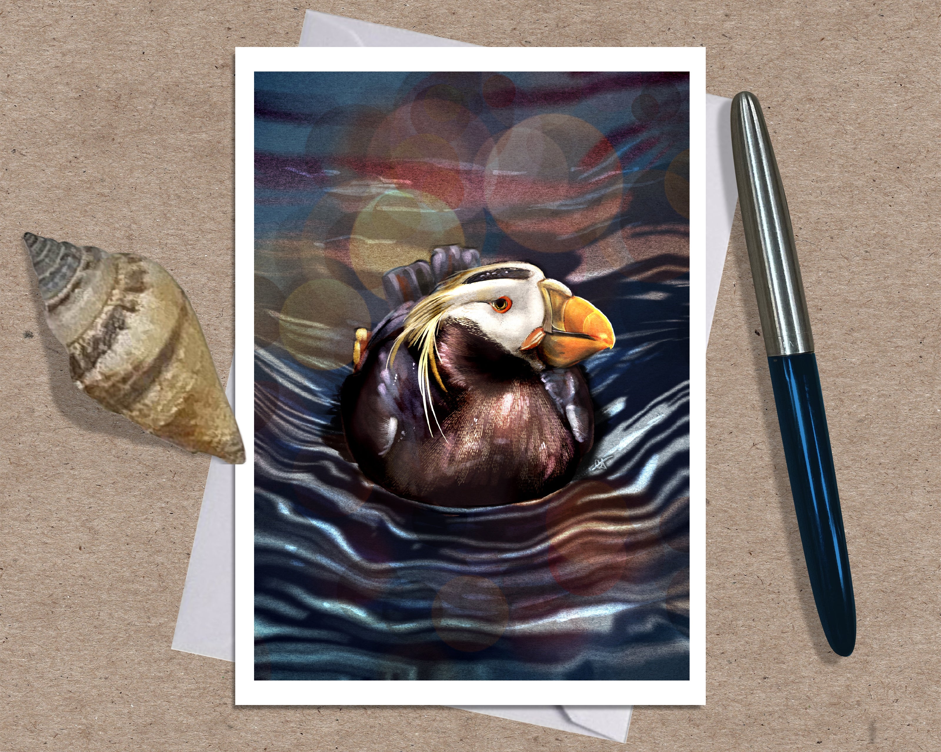 An art print greeting card featuring a painted puffin in dark blue water, styled on a brown kraft paper background with a seashell on the left and a silver pen on the right.