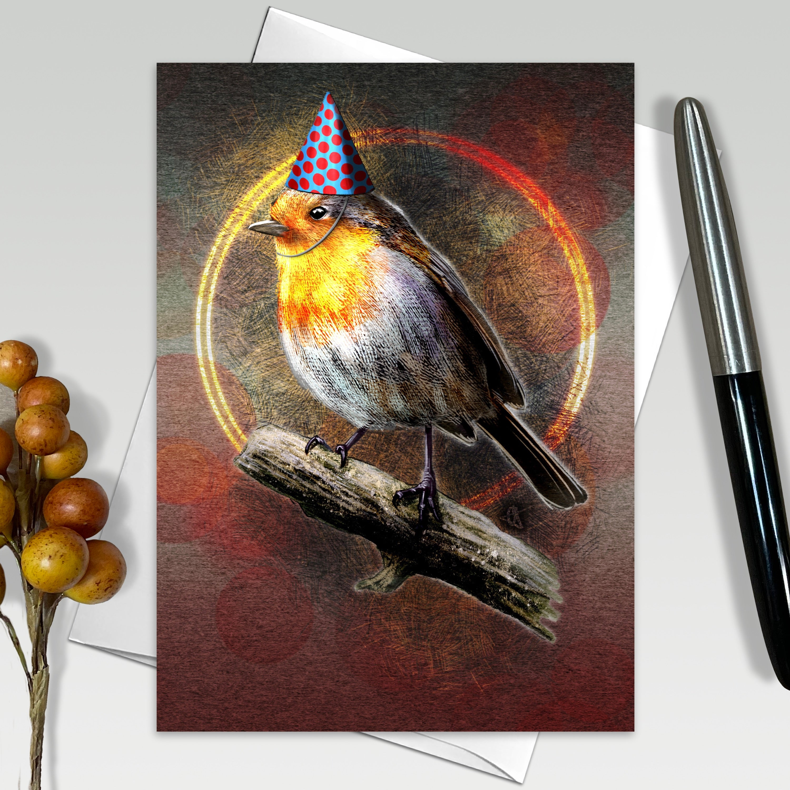 Card with a bird wearing a party hat on a branch, surrounded by a circular design.
