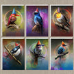 Set of six colorful illustrations of birds wearing party hats on a textured background.