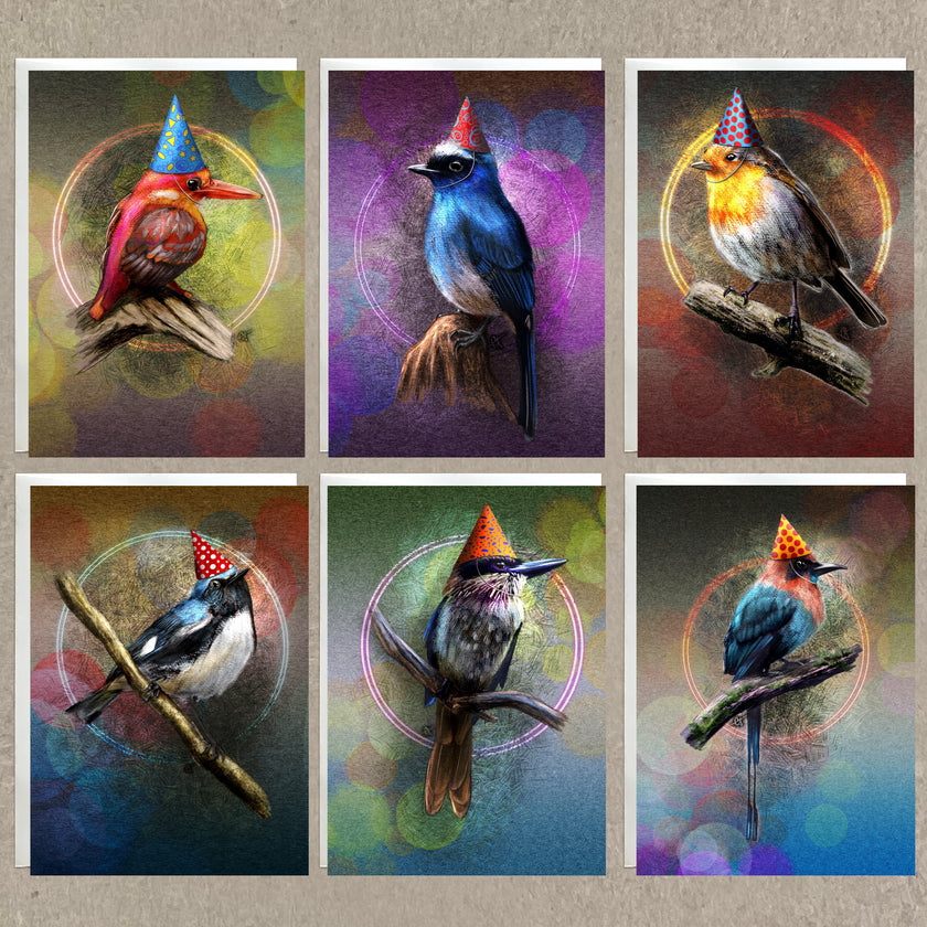 Set of six colorful illustrations of birds wearing party hats on a textured background.