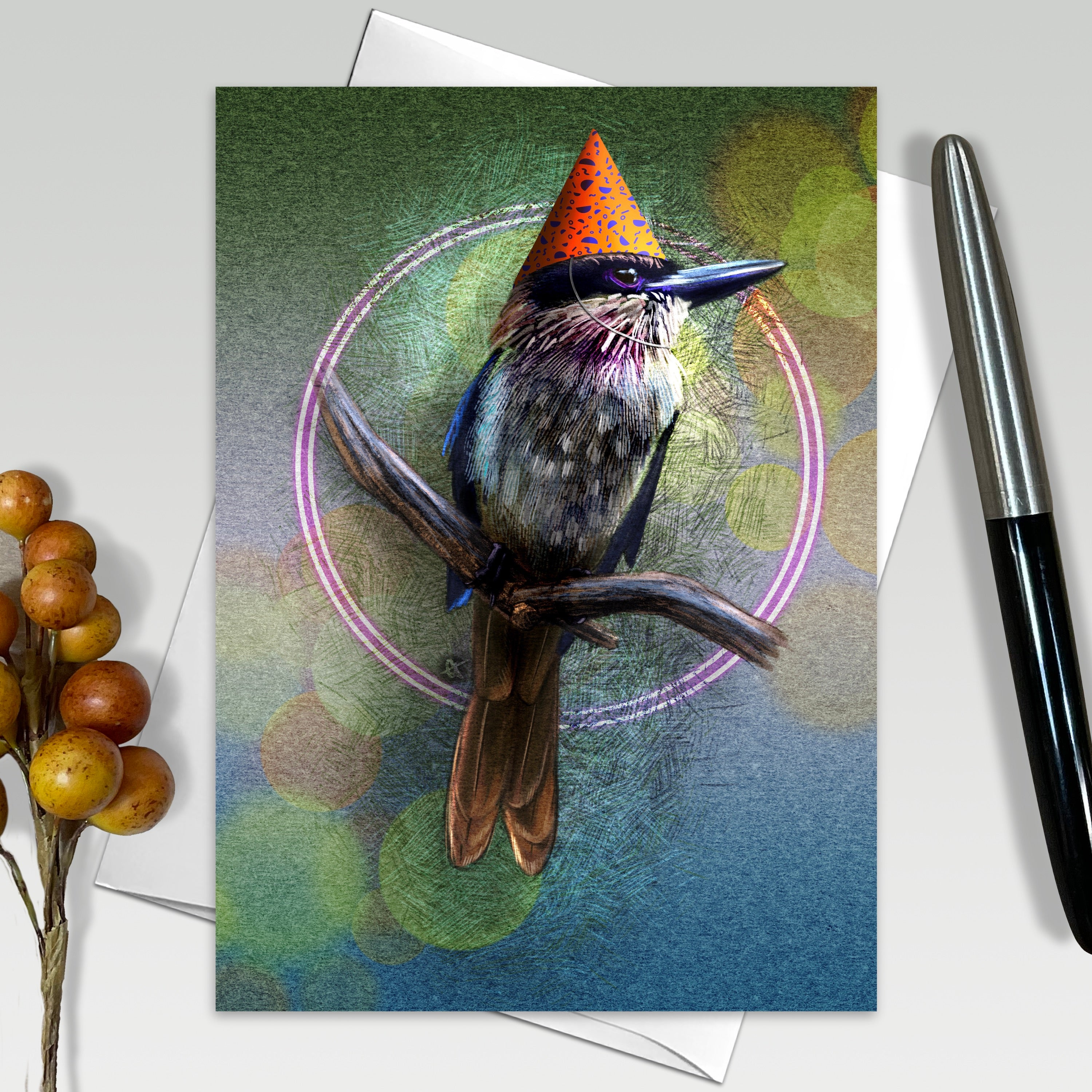 Greeting card with a bird wearing a party hat on a branch, surrounded by decorative elements.
