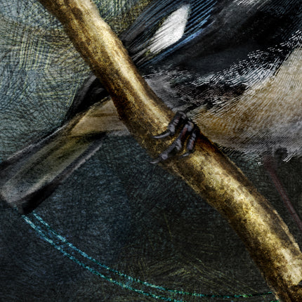 Close-up of a bird perched on a wooden branch against a textured background