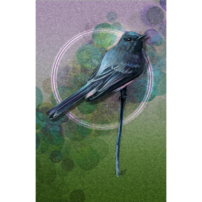 Bird illustration on a textured green and purple background