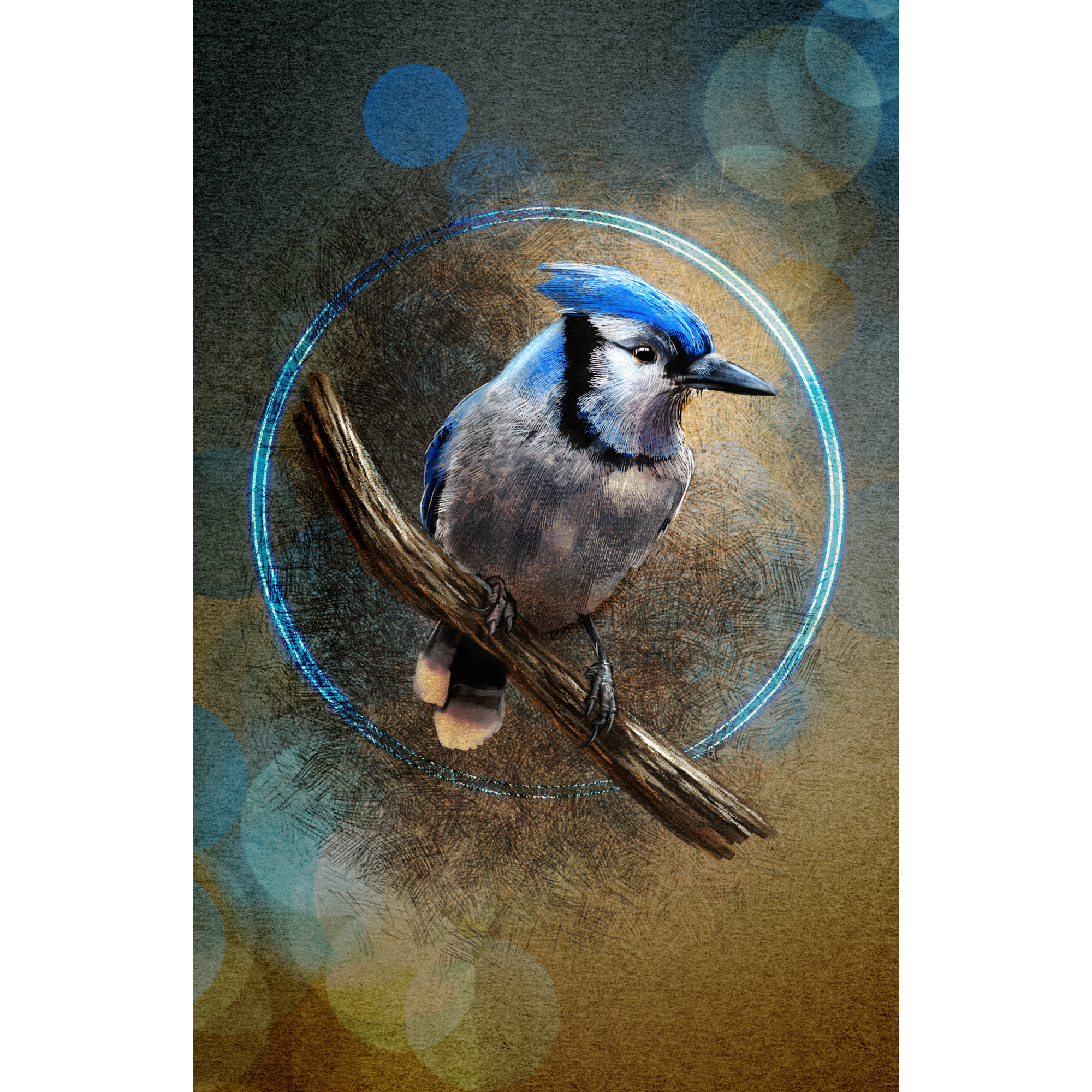 Blue jay bird perched on a branch with a circular light effect on a textured background