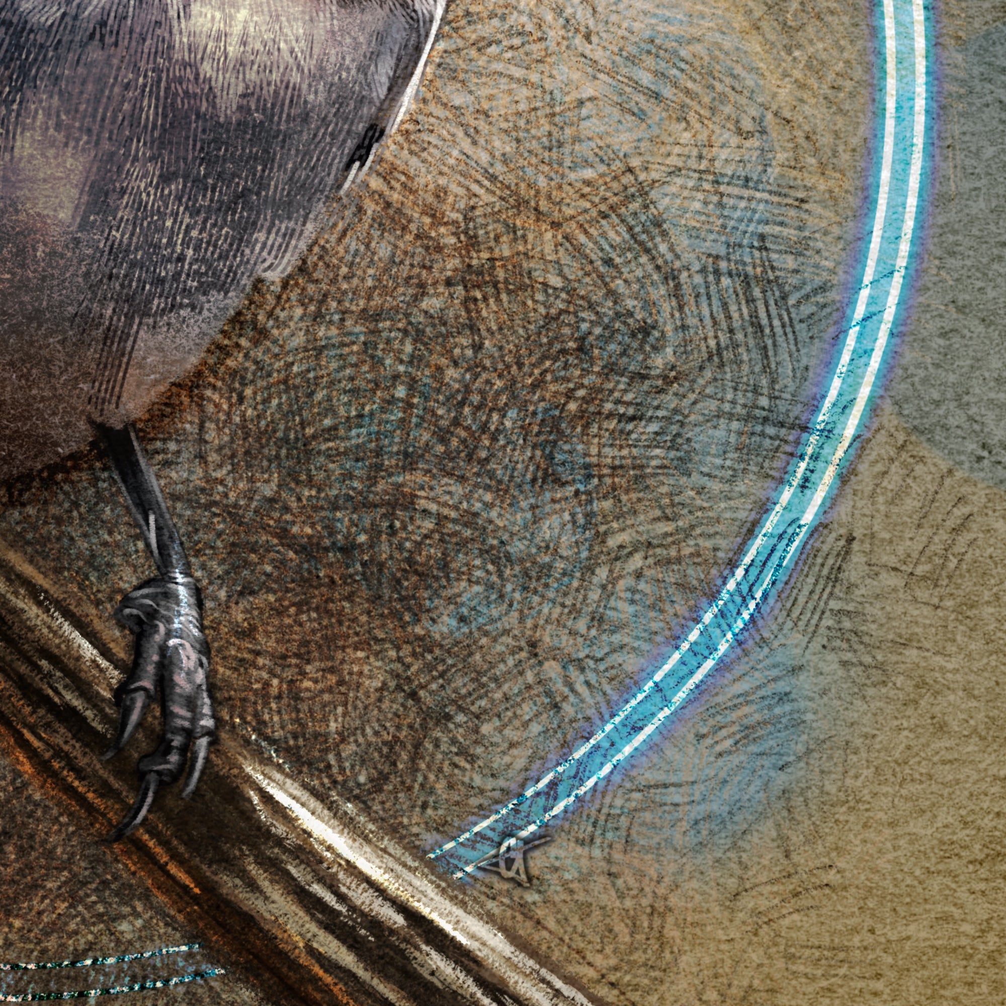 Close-up of a bird's foot on a textured surface with a blue line.