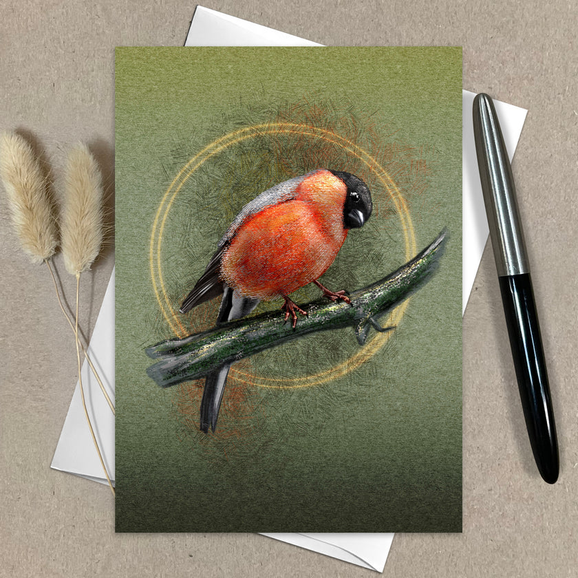 Greeting card with a bird illustration on a green background, accompanied by a pen and dried plants.
