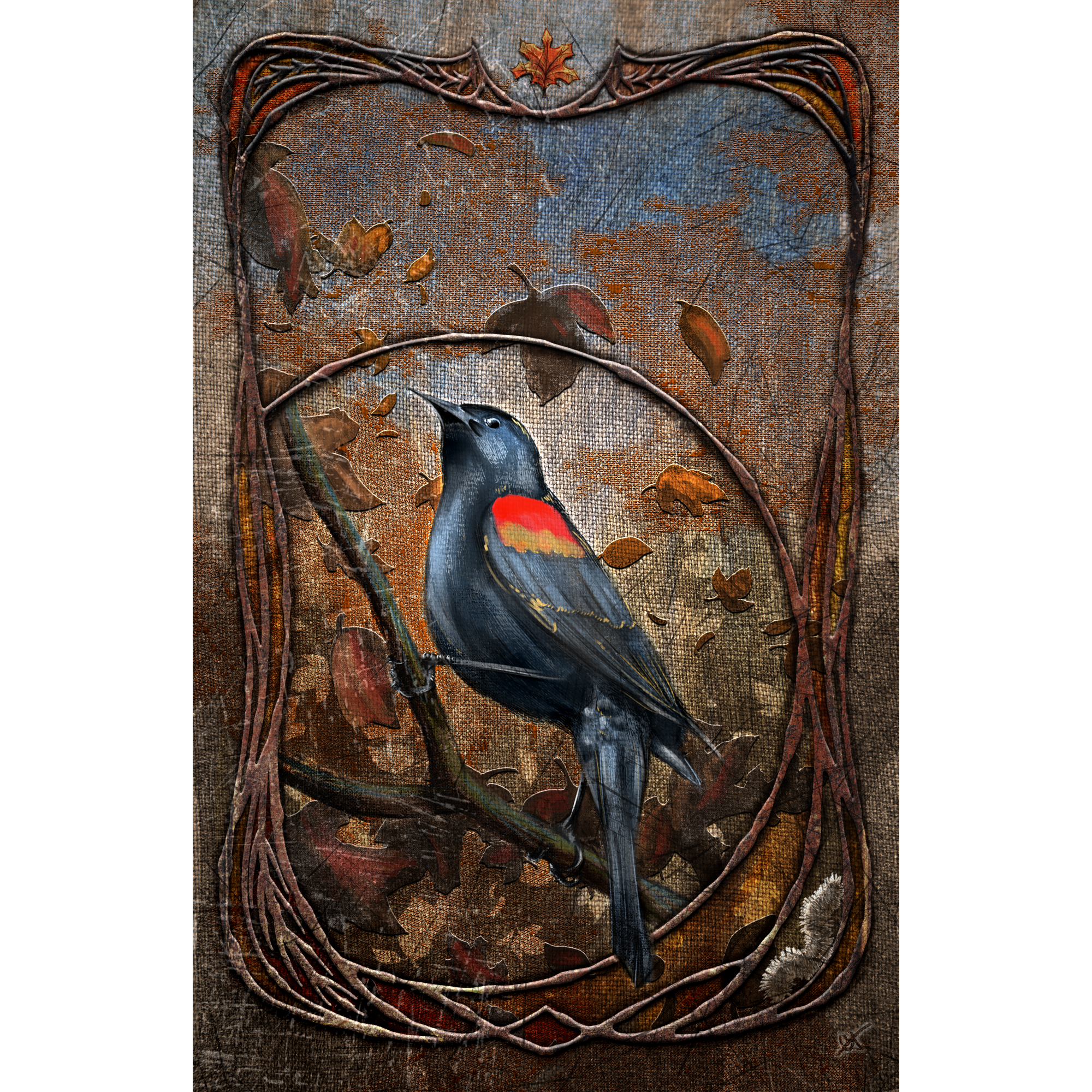 Artistic depiction of a bird on a branch with a rustic frame and autumnal elements.