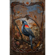 Artistic depiction of a bird on a branch with a rustic frame and autumnal elements.
