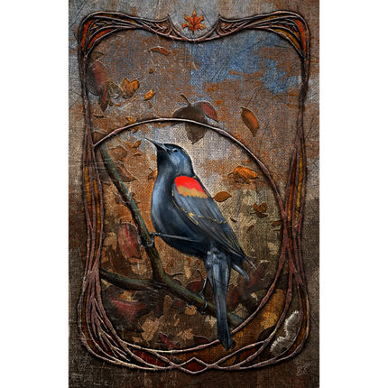 Artistic depiction of a bird on a branch with a rustic frame and autumnal elements.
