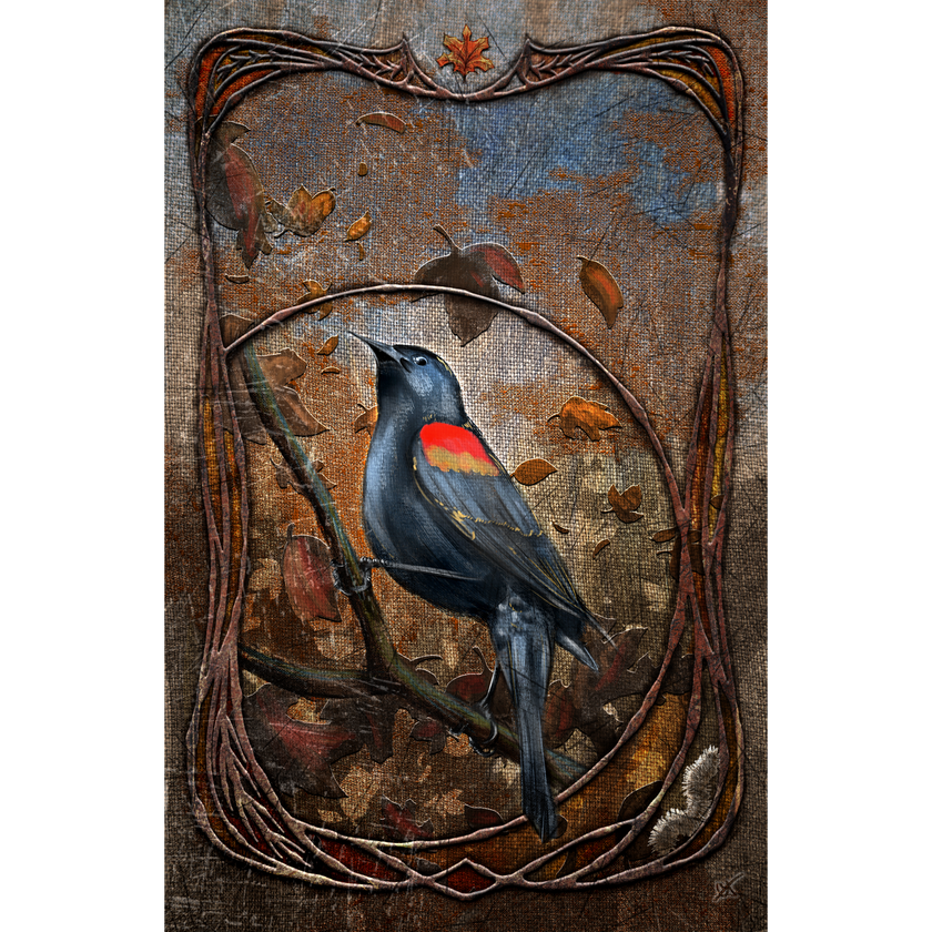 Artistic depiction of a bird on a branch with a rustic frame and autumnal elements.
