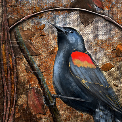 Painting of a bird with red and yellow chest on a textured brown background