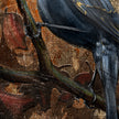 Close-up of a bird's underside and tail feathers with a textured background