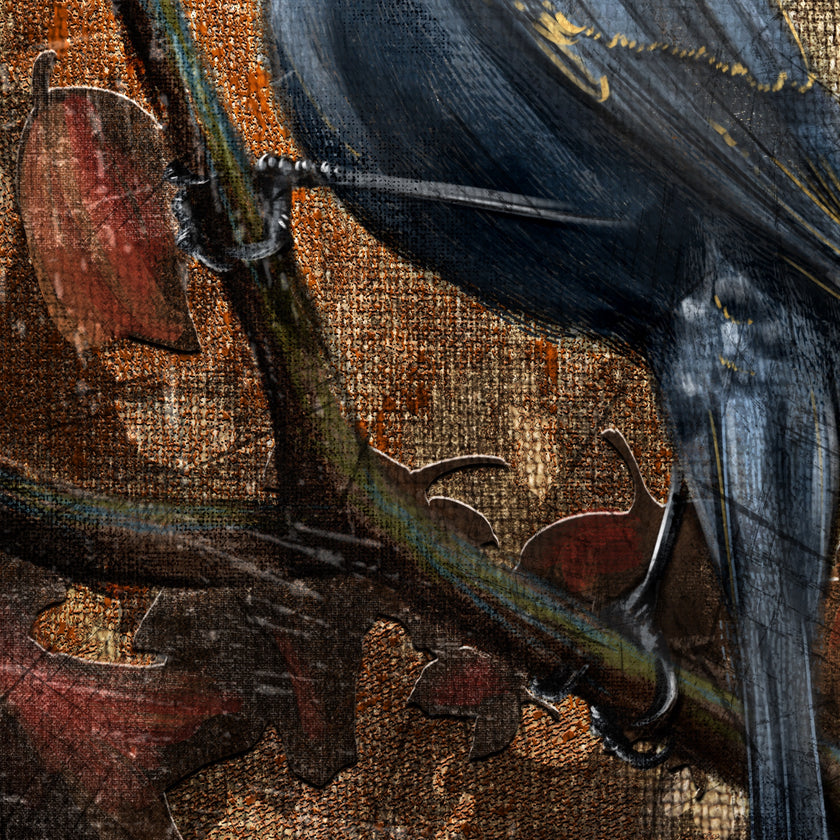 Close-up of a bird's underside and tail feathers with a textured background