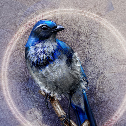 Blue bird perched on a branch with a textured circular background
