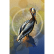 Artistic depiction of a pelican on a textured background