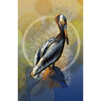Artistic depiction of a pelican on a textured background