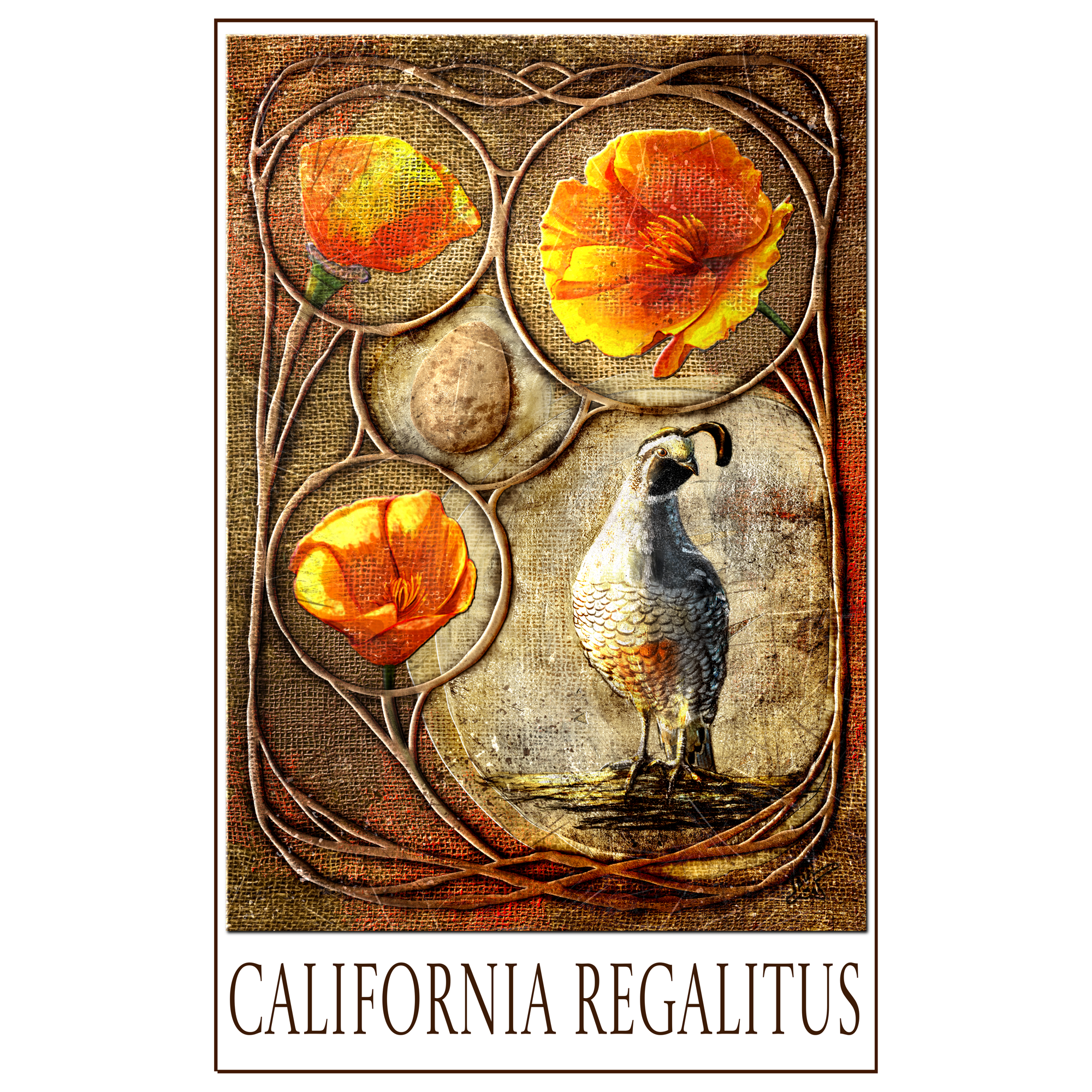 Decorative card with a quail and California poppies on a textured background, featuring the text 'California Regalitus'.