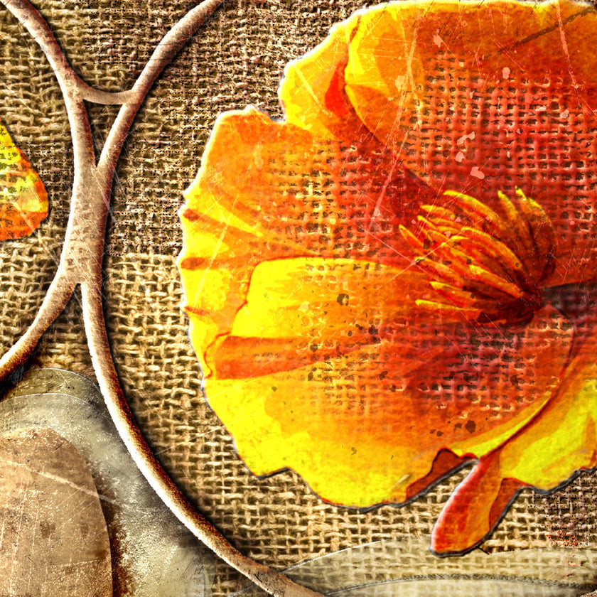 Close-up of a dried orange flower on a textured brown background