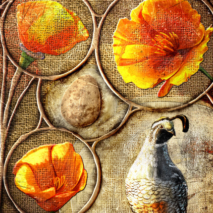 Decorative artwork with poppies and a quail on a textured background