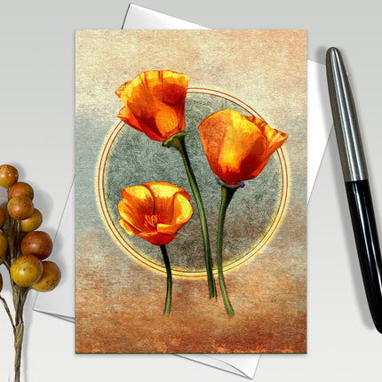Greeting card with orange flowers on a textured background