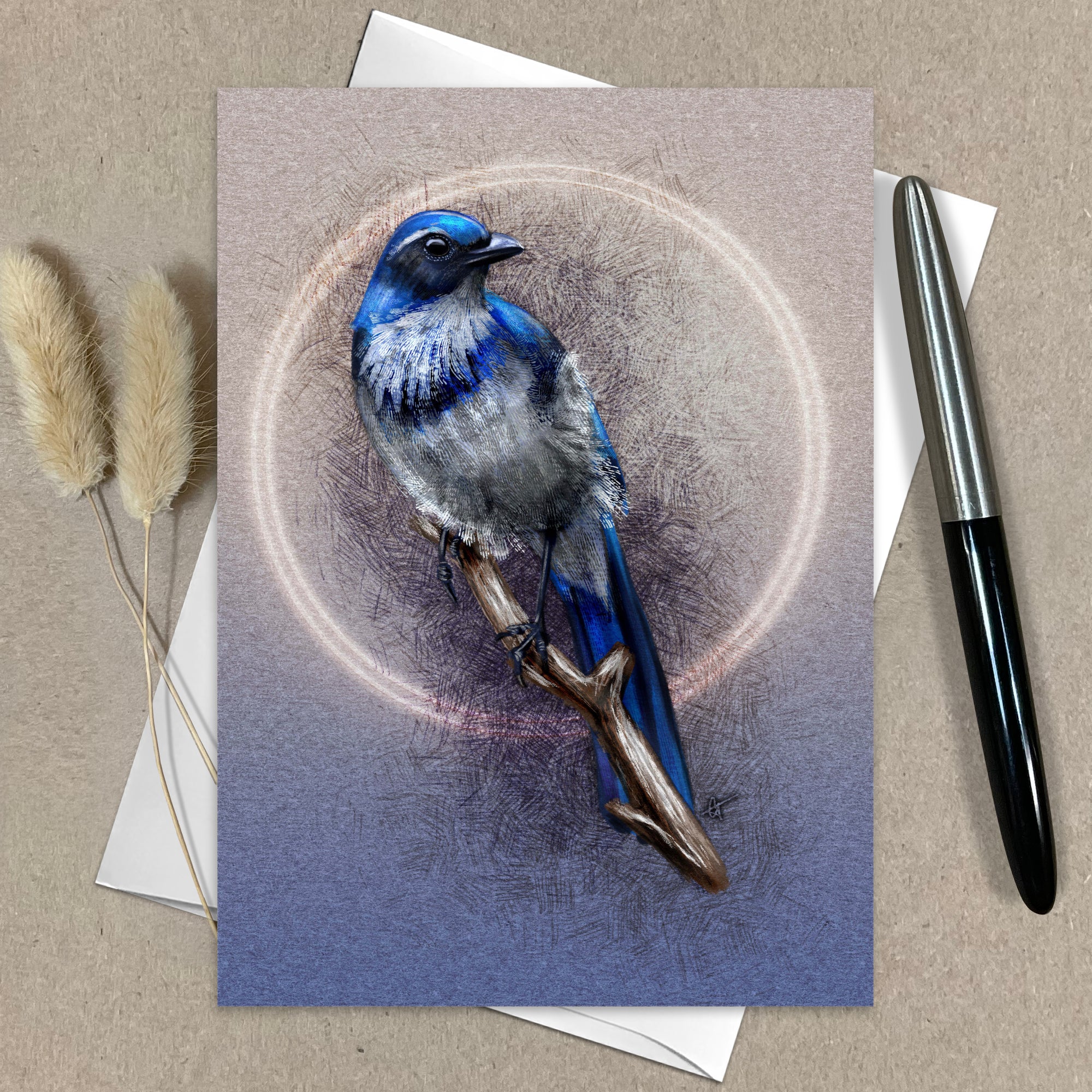 Greeting card with a blue bird illustration on a beige background