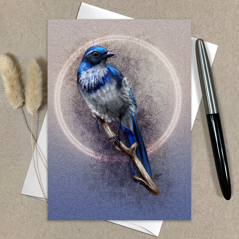 Greeting card with a blue bird illustration on a beige background