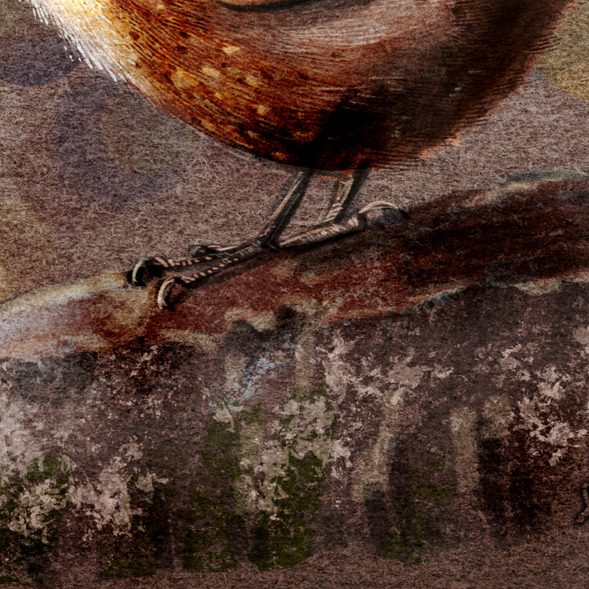 Close-up of a bird perched on a branch with detailed feather texture.