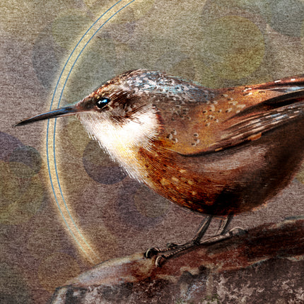 Artistic illustration of a bird perched on a branch with a watercolor background