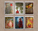 Set of six illustrated greeting cards on a textured beige paper background.