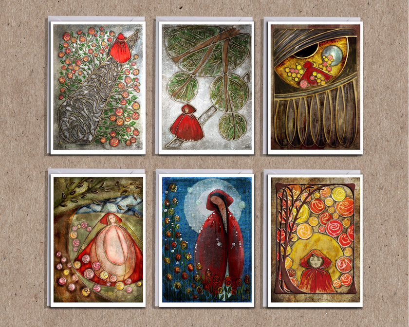 Set of six illustrated greeting cards on a textured beige paper background.